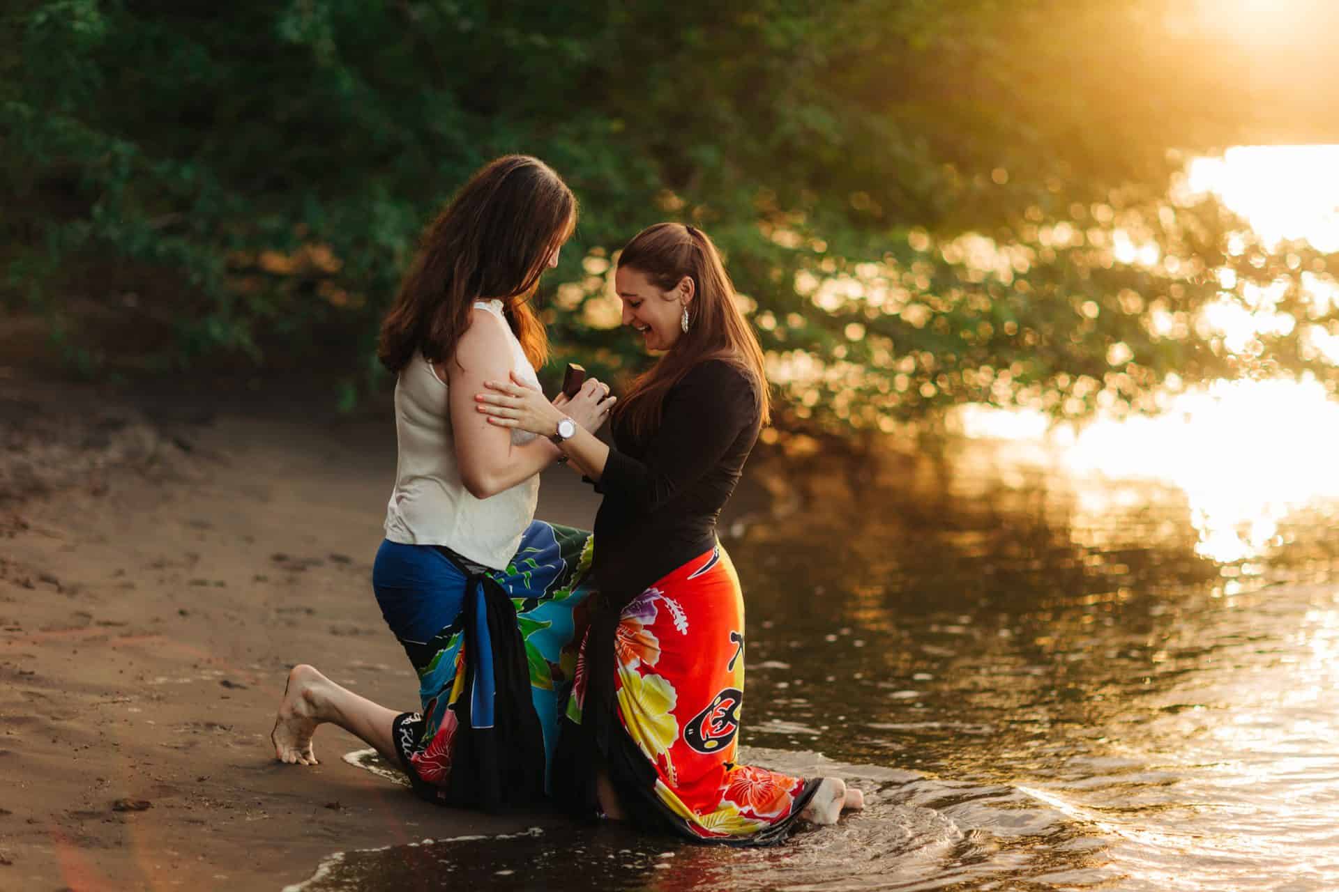 surprise proposal at sunset by the beach in El mangroove hotel papagayo costa rica 